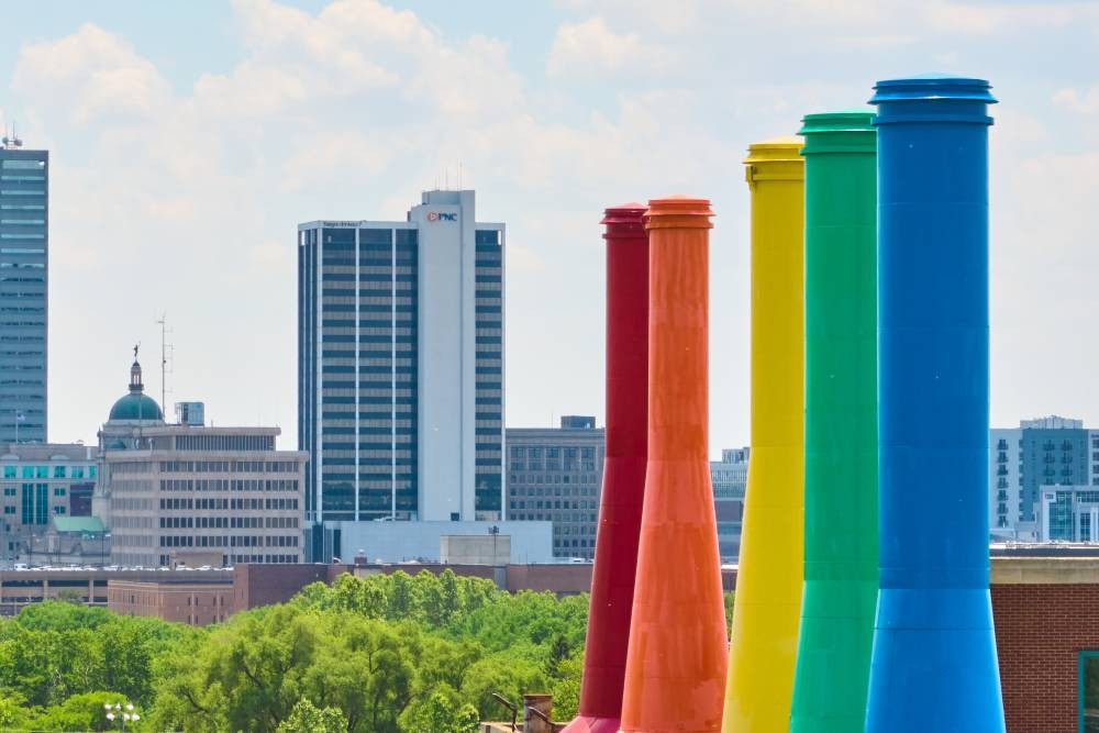 Aerial science central rainbow smokestacks in Fort Wayne, IN