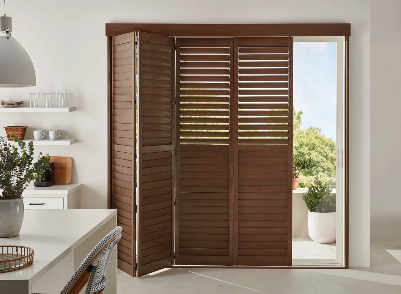 Hunter Douglas Heritance® Wood Shutters on a kitchen's sliding glass door leading out to a patio at Midwest Blind & Shade near Mishawaka, Indiana (IN)