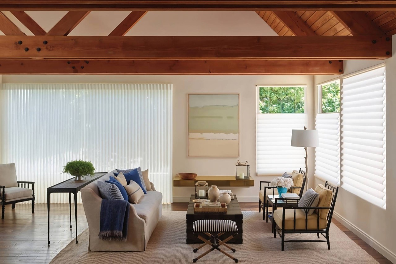 Hunter Douglas Vignette® Roman Shades on a sliding door and window in a neutral living room near Mishawaka, IN