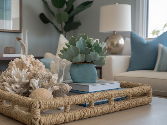 Coffee table décor featuring seashells, plants, and books.